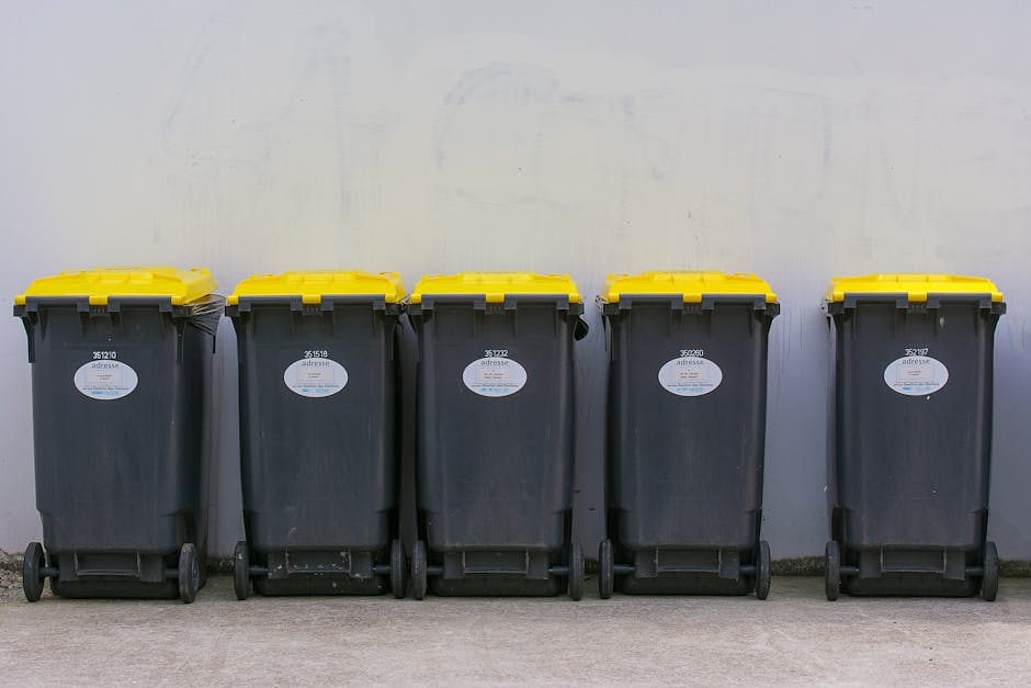 A row of five large wheeled rubbish bins positioned against a plain, light-colored wall, with a smooth concrete ground beneath them. The bins are made of dark grey plastic with textured surfaces, and each has a yellow lid securely closed on top. Small white oval labels with black text are affixed to each bin's front, displaying identification or collection information. The bins are aligned evenly, standing upright, and closely spaced, with the handles and wheels visible at the bottom. The environment appears to be an outdoor area, possibly a back courtyard or service access point behind a building, with minimal environmental context visible. The scene exemplifies an organized private waste management setup, suitable for alternative rubbish collection services such as those provided by Rubbish Removal Catford, emphasizing their capacity to manage bulk or scheduled waste disposal for properties in the area.