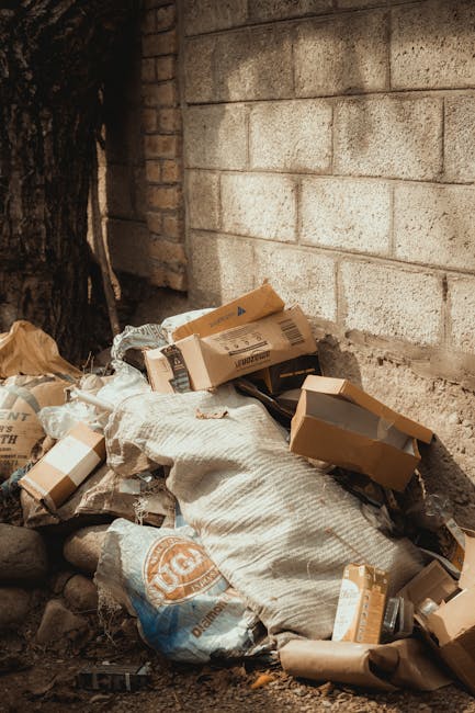 A small pile of mixed waste materials is collected at the base of a brick wall near a tree trunk. The pile includes cardboard boxes of various sizes, some flattened and others partially intact, with visible printed labels and logos, and crumpled brown paper packaging. A large, coarse woven fabric sack with a circular logo in orange and white is also present, containing miscellaneous debris. The waste is resting on uneven ground composed of soil and small rocks. The brick wall behind the pile is partially weathered, with some bricks showing cracks and discoloration, and is constructed in a regular pattern with light-colored mortar in between. To the left, a portion of a dark tree trunk is visible, providing natural contrast to the man-made brick surface. The scene is illuminated by natural daylight, highlighting textures of the cardboard, fabric, and brick, reflecting an area that might be subject to private rubbish collection or on-site waste clearance, as handled by companies like Rubbish Removal Catford.