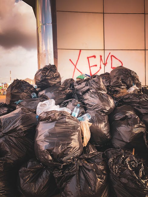 A large pile of black plastic rubbish bags stacked against a modern building with reflective tiles; some bags are torn open, revealing plastic bottles and scattered waste inside. The bags vary in size and are placed directly on a paved surface, with a few leaning or resting atop each other. In the background, graffiti with red spray paint spelling 'XEND' is visible on the tiled wall, and a cloudy sky with patches of orange and gray tones indicates late afternoon or early evening lighting. The scene suggests an area awaiting collection or disposal, consistent with private waste handling or on-site clearance services such as those offered by Rubbish Removal Catford, emphasizing the importance of timely rubbish removal to prevent localised build-up and environmental hazards.