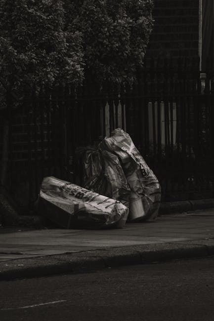 The image depicts three large black plastic refuse bags filled with waste materials, positioned on a paved sidewalk next to a curb. The bags are crumpled and appear to be heavily filled, with some showing visible creases and folds, suggesting they contain household or garden rubbish. Behind the bags, there is a black metal fence with vertical bars and a lattice pattern, separating the sidewalk from a densely foliaged hedge with small, dark leaves. The scene is illuminated by natural daylight, with soft shadows cast on the pavement, indicating an outdoor setting. The pavement surface is smooth, with a slight texture visible, and the curb is made of concrete, separating the sidewalk from the road which runs parallel to the scene. The overall setting indicates a typical urban or suburban area where private waste collection, such as through rubbish removal services like Rubbish Removal Catford, is utilized to manage household waste outside of municipal refuse collection days.